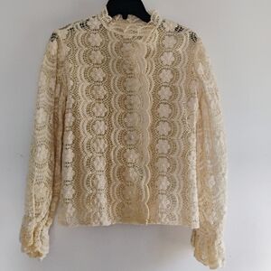 SOLD: Rare Cream Floral Lace Blouse With Ruffle Collar, Long Sleeves
